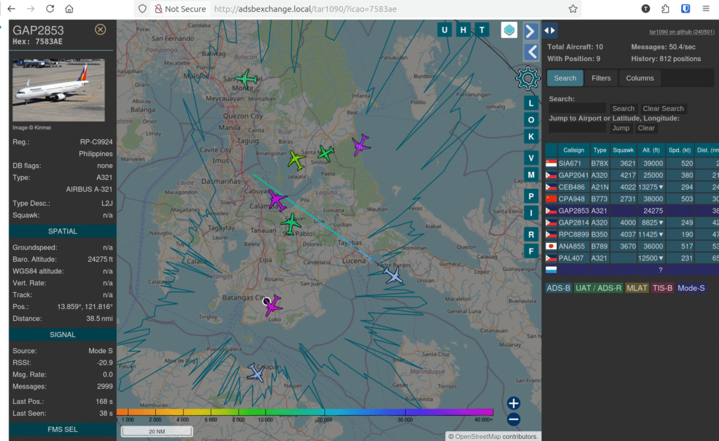 Screenshot of ADS-B map